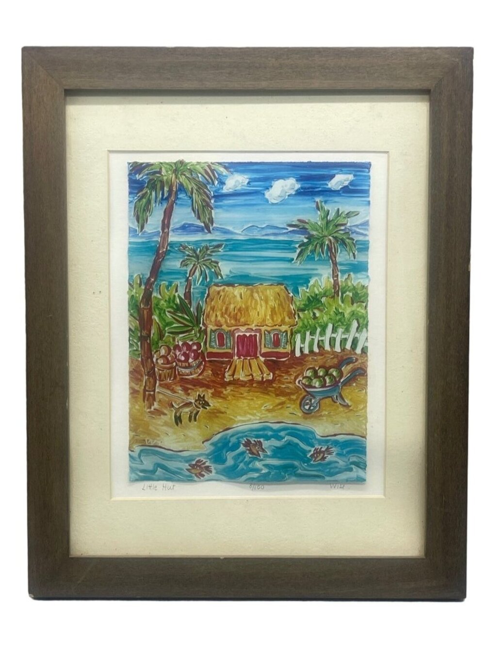 little hut 8/100 wise print framed Caribbean beach fish dog blue 12.5X15.5" READ